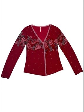 Free People Home Grown Magenta Floral Ribbed Knit Lettuce Edge Cardigan M NWT